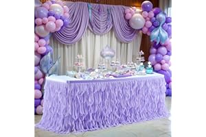PARTISKY Lavender Purple Tulle Curly Willow Table Skirt for Rectangle Table 9ft, Ruffle Tutu Table Cloth for Girls Boys Baby Shower,Mermaid Birthday Party