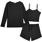 Ekouaer 3 Piece Waffle Knit Lounge Set for Women, Long Sleeve and Cami Top with Shorts Pajama Sets for All Seasons
