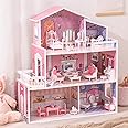 ROBUD Wooden Dollhouse Playset, 3 Stories, 5 Rooms, 24 PCS Furniture, Pretend Play Toys Gift for Kids Toddlers Girls