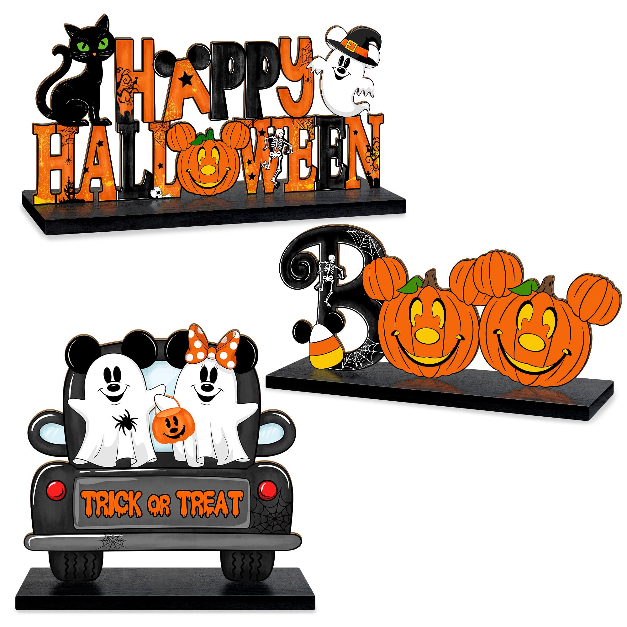 Photo 1 of 3 Pcs Halloween Table Sign Decor Mouse Shaped, Cute Ghost Happy Halloween Boo Wooden Signs, Pumpkin Rustic Wood Centerpiece Tabletop Ornament for Kids Holiday Tiered Tray Halloween Party Decorations