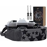 Padwa Lifestyle Pentagram Camera Strap - 2" Wide Genuine Leather Ends Camera Straps for Photographers, Vintage Five-Pointed Stars Print Nylon Weave Strap with Camera Quick Release fits All Cameras