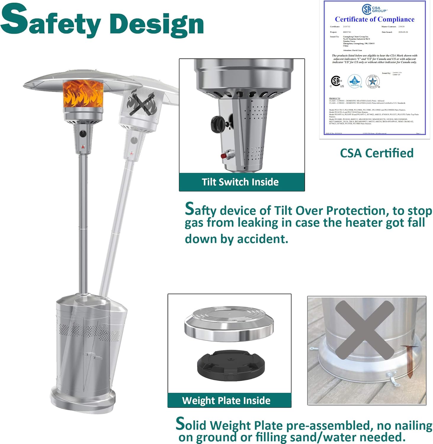 Gas Patio Heater with Wheels，48,000 BTU of outdoor heaters for patio propane for Commercial and Household Use，Stainless Steel Outdoor Propane Heater ,with CSA Certified for Garden: Kitchen & Dining