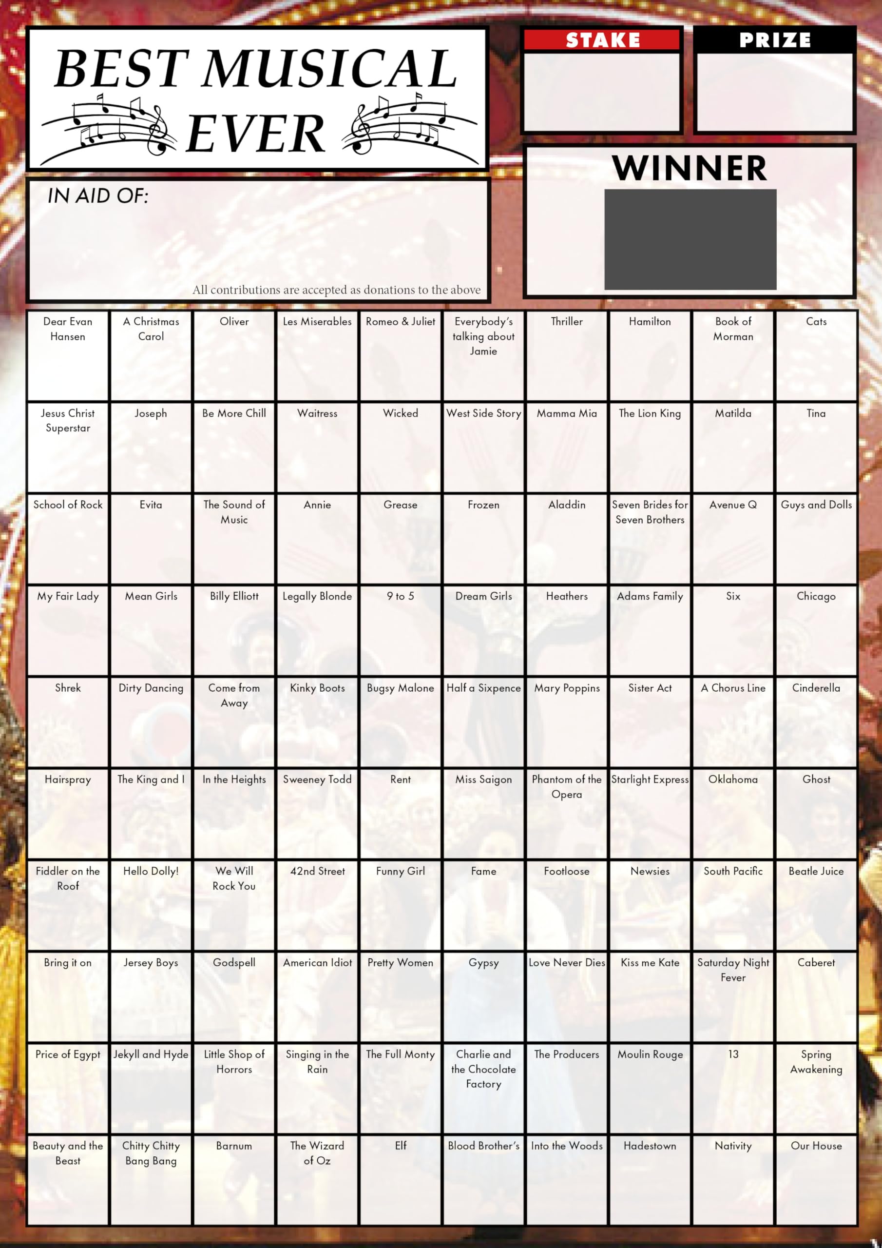 Totally Bonkers - Musicals (100) Fundraising Scratch Cards - 100 Square - A4 (297x210mm) - 5 Pack - TB0077 - Blind Cards