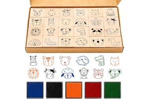 Whaline 29 Pcs Cartoon Animal Wooden Rubber Stamps with Ink Pads Cute Cartoon Pattern DIY Craft Stamps for Party Decor Scrapbooking Cards Making