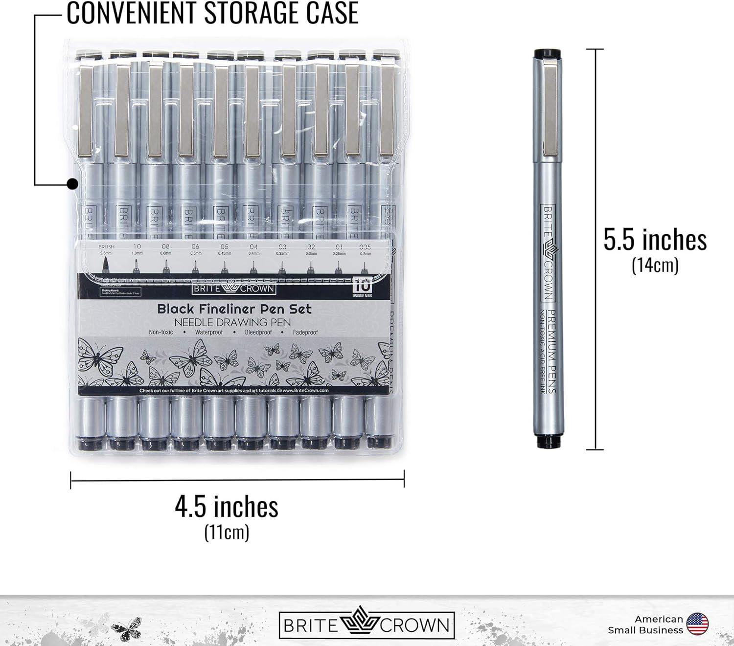 Premium Drawing Pens - Set of 10 Various Size Tip Fineliner Pens 0.2mm to 1.0mm Width Tips, Plus 2.5mm Calligraphy Brush-Tip Pen : Office Products