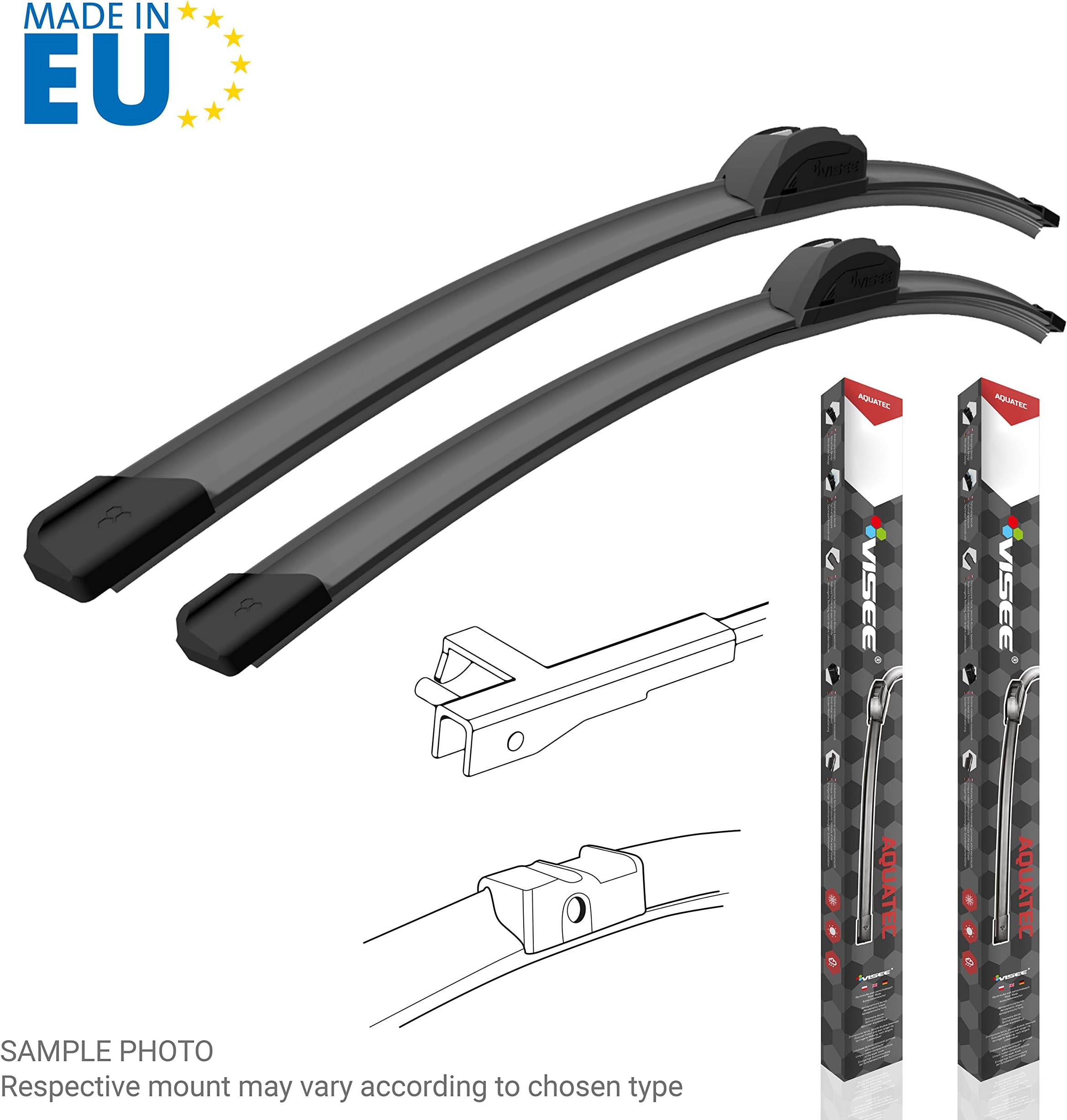 Set of 2 VISEE high quality licensed alternative replacement all seasons wiper blades for listed car models; [see variation description]; mount and size A 600/480 mm