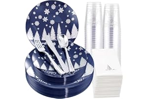 Hioasis 175pcs Christmas Plastic Plates with White Snowflakes & Tree - Blue and Silver Plastic Plates,Silver Plastic Silverware - Silver Christmas Tree Cups & Napkins Perfect for Christmas & Hanukkah