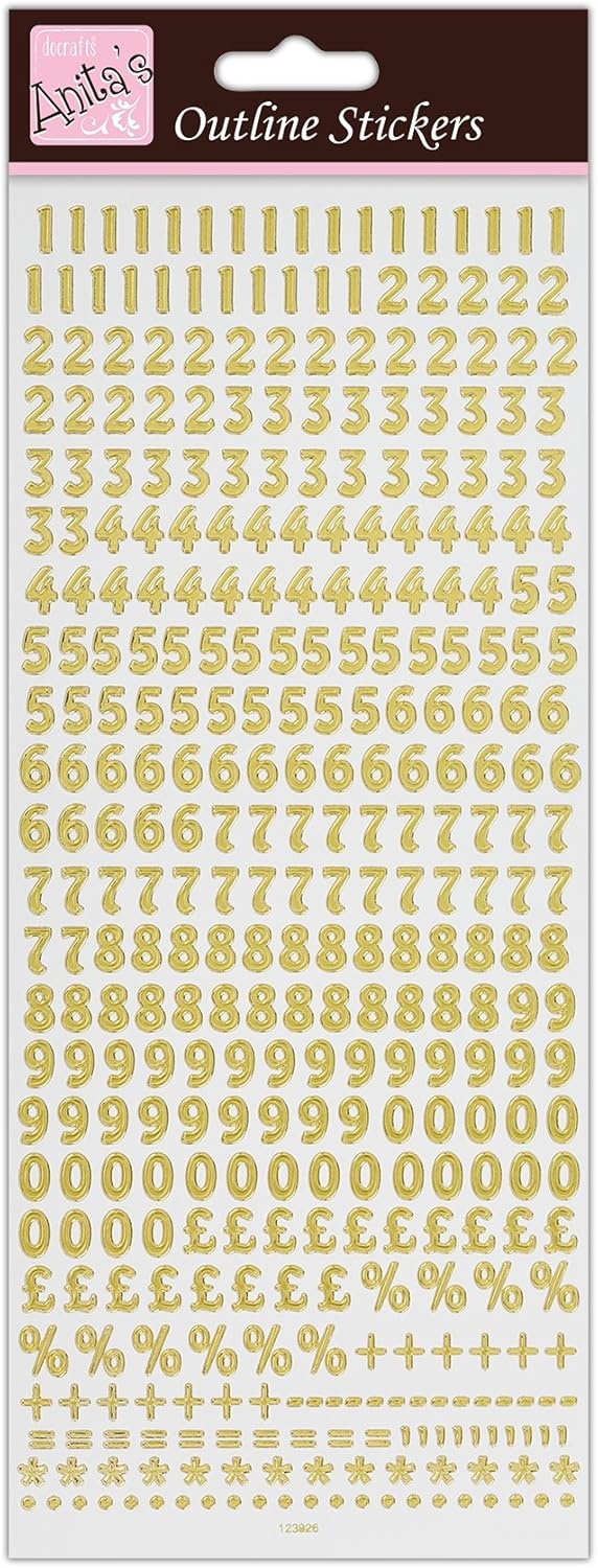 Anitas Outline Stickers, Small Numbers, Gold on White, for Scrapbooking Card Making, Kids Play, Homework, Art, Craft
