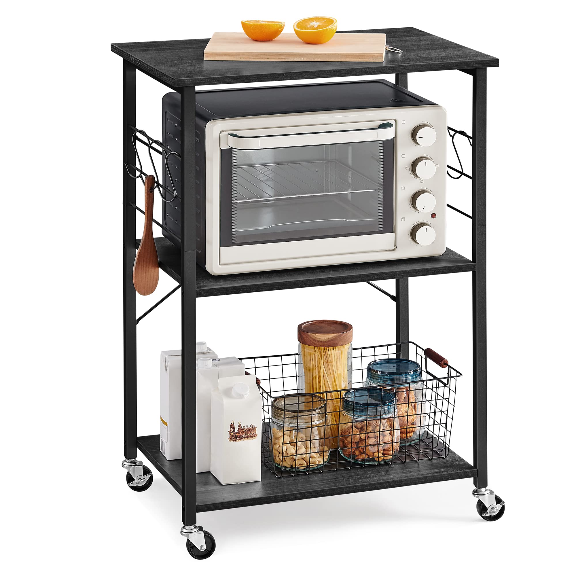 VASAGLE Kitchen Shelf on Wheels, Serving Cart with 3 Shelves, Kitchen Cart, Microwave Shelf, for Mini Oven, Toaster, with 6 Hooks, Industrial Stylee, Ebonized Oak Finish and Black UKKS060B42 Image