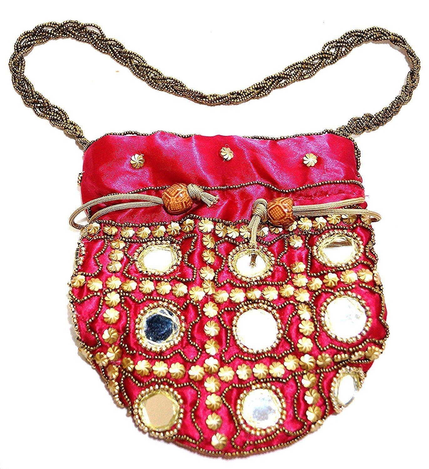 Purpledip Potli Bag (Clutch, Drawstring Purse) For Women With Intricate Gold Thread & Sequin Embroidery Work (Maroon Color,11268)