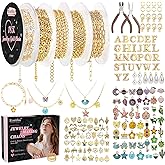 Ecoofor 18K Gold Jewelry Making Kit with Gift Box - 16.6ft 5 Rolls DIY Bracelet & Necklace Chains with 136 Pendants, Jump Rings, Lobster Clasps, Jewelry Pliers & Charm Making Kit, Christmas Gift
