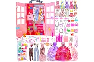 CARREUTY 130 Pcs Doll Closet with Clothes and Accessories for 11.5 inch Dolls Storage Including Wardrobe Shoes Rack 15 Pack Complete Clothes Shoes Hangers Necklace Backpack and Other Accessories (No Doll)