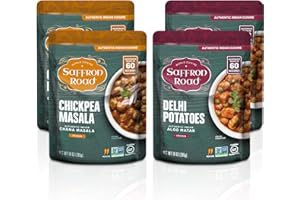 Saffron Road Ready to Eat Microwaveable Meal Pouch - Variety 4 Pack, 2 of Each Flavor 10 Oz Each - Chickpea Masala & Delhi Potatoes, Vegan, Gluten-Free, Non-GMO, Authentic Meals with Protein, Fiber