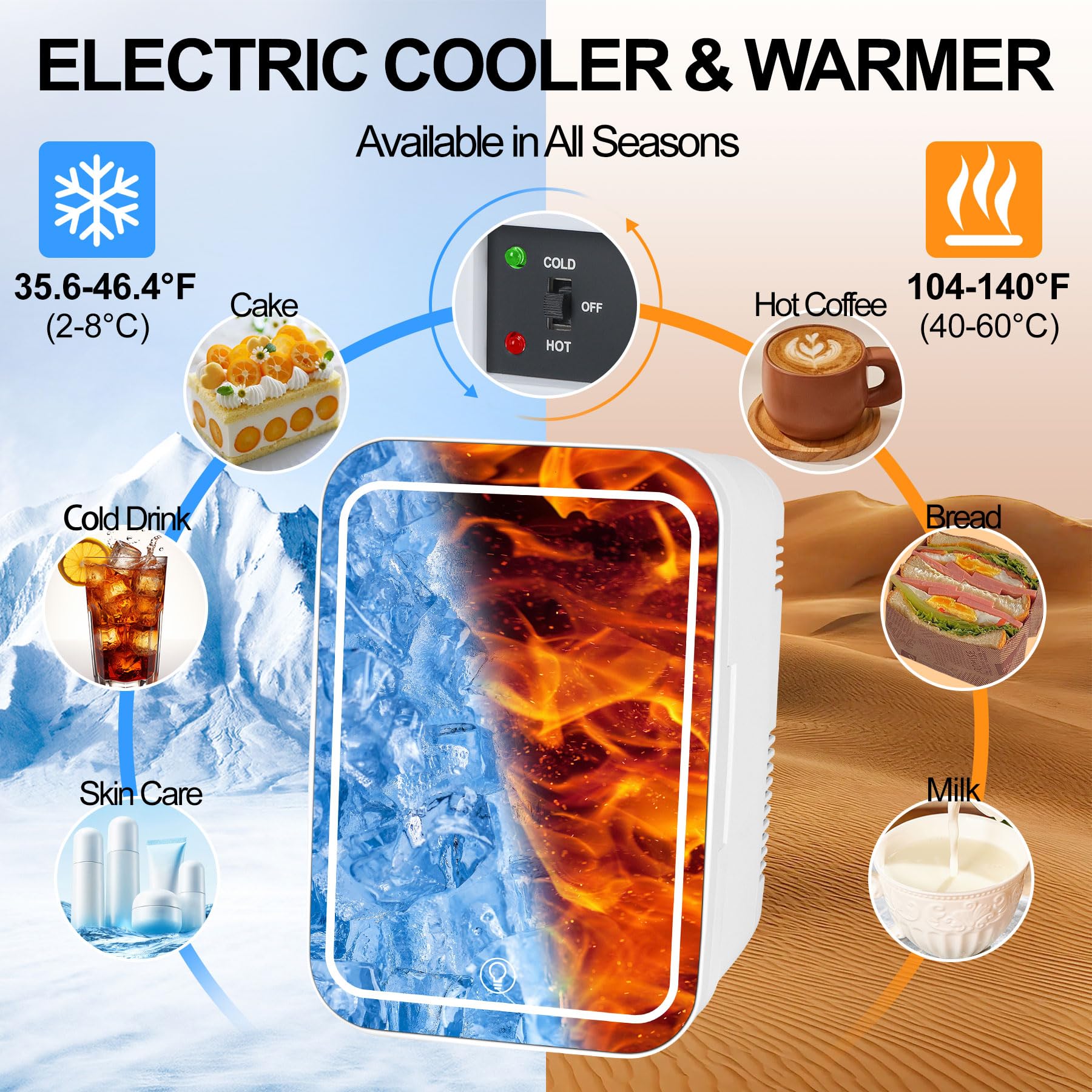 Chsuiwe Mini Fridge, Skincare Fridge With Dimmable LED Light Mirror, 4L/6 Cans Makeup Mini Fridge for Bedroom, Cooler & Warmer, AC/DC Powered Small Portable Refrigerator for Car, Office and Food-White - Image 3