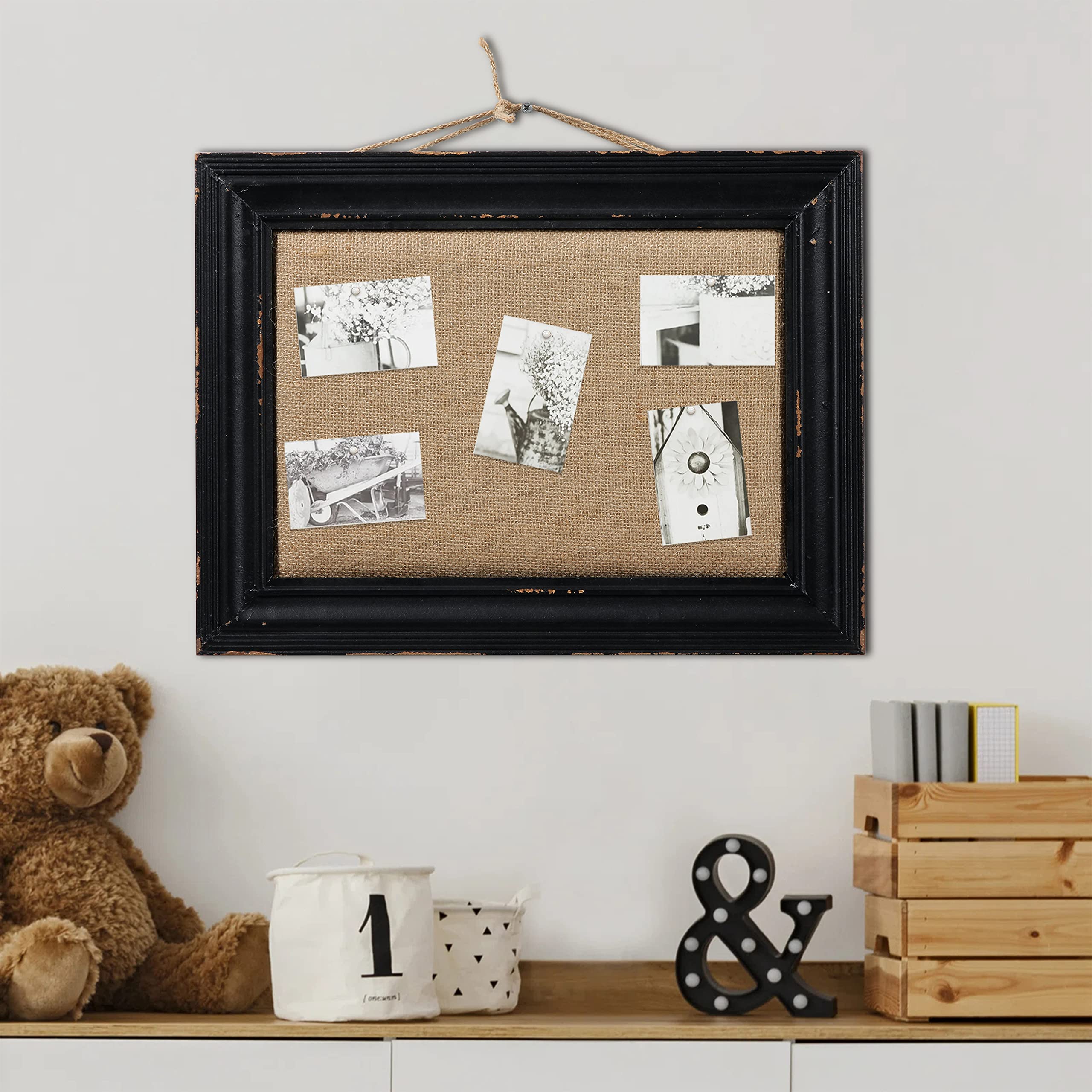 Sintosin Black Cute Linen Pin Board 30 × 40 cm, Decorative Cork Boards for Walls, Wood Small Vision Board, Farmhouse Notice Boards for Home Office School
