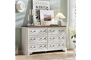 T4TREAM Farmhouse 6 Drawers Dresser for Bedroom, 54" Wide Wood Rustic Chest of Drawers with Natural Texture, Vintage Design, Storage Dressers Organizer for Bedroom, Living Room, Antique White