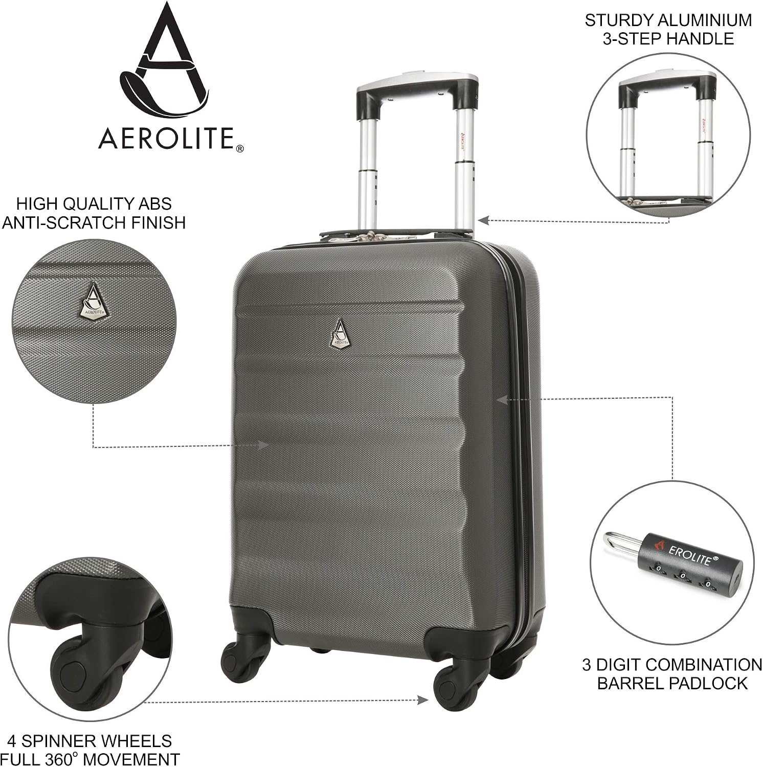 Gris Oscuro Aerolite ABS 55x35x20cm 33L Maleta Rígida Ligera Equipaje De  Mano con 4 Ruedas 35x20x20cm Bolsa Segundo Ryanair Tamaño Máximo  microbiome.com.tr