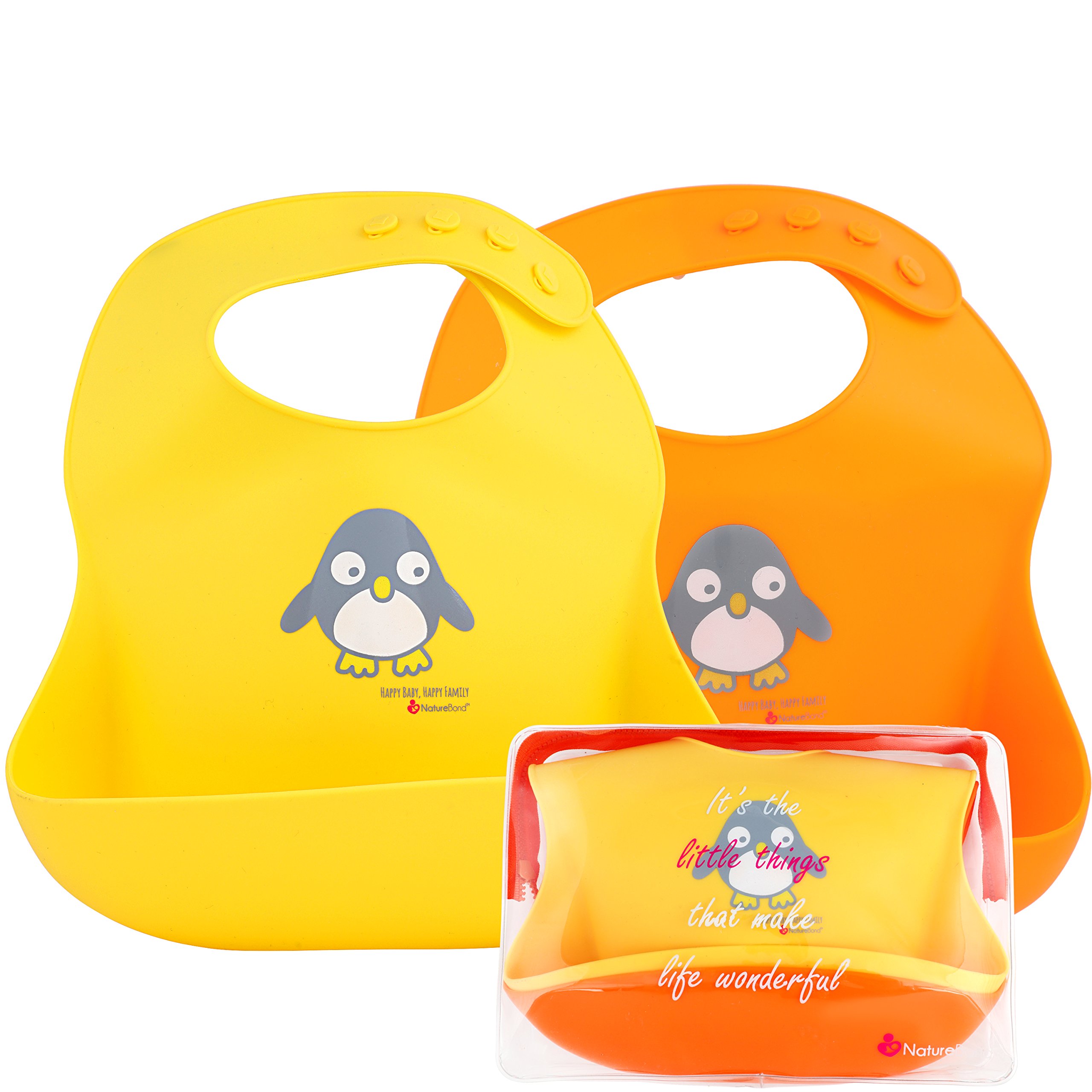 NatureBond Silicone Weaning Bibs for Babies & Toddlers (2pcs) with Waterproof Pouch | Comfortable Soft 4 buttons Bib (Lemonade Yellow & Tangerine Orange)