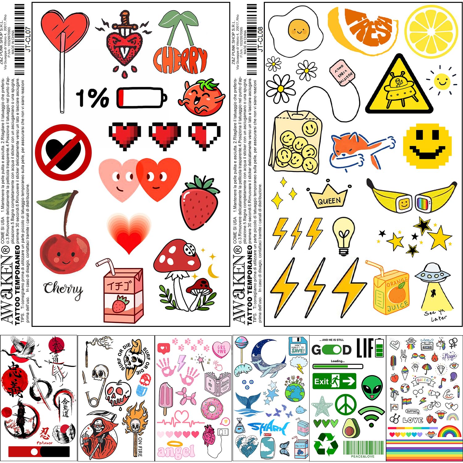 AWAKEN Tatouages Temporaires Faux Colorés with Nombreux Motifs Pour Cadeaux Garçons Filles Ensemble de 8 pièces (ENSEMBLE COLORÉ 01)