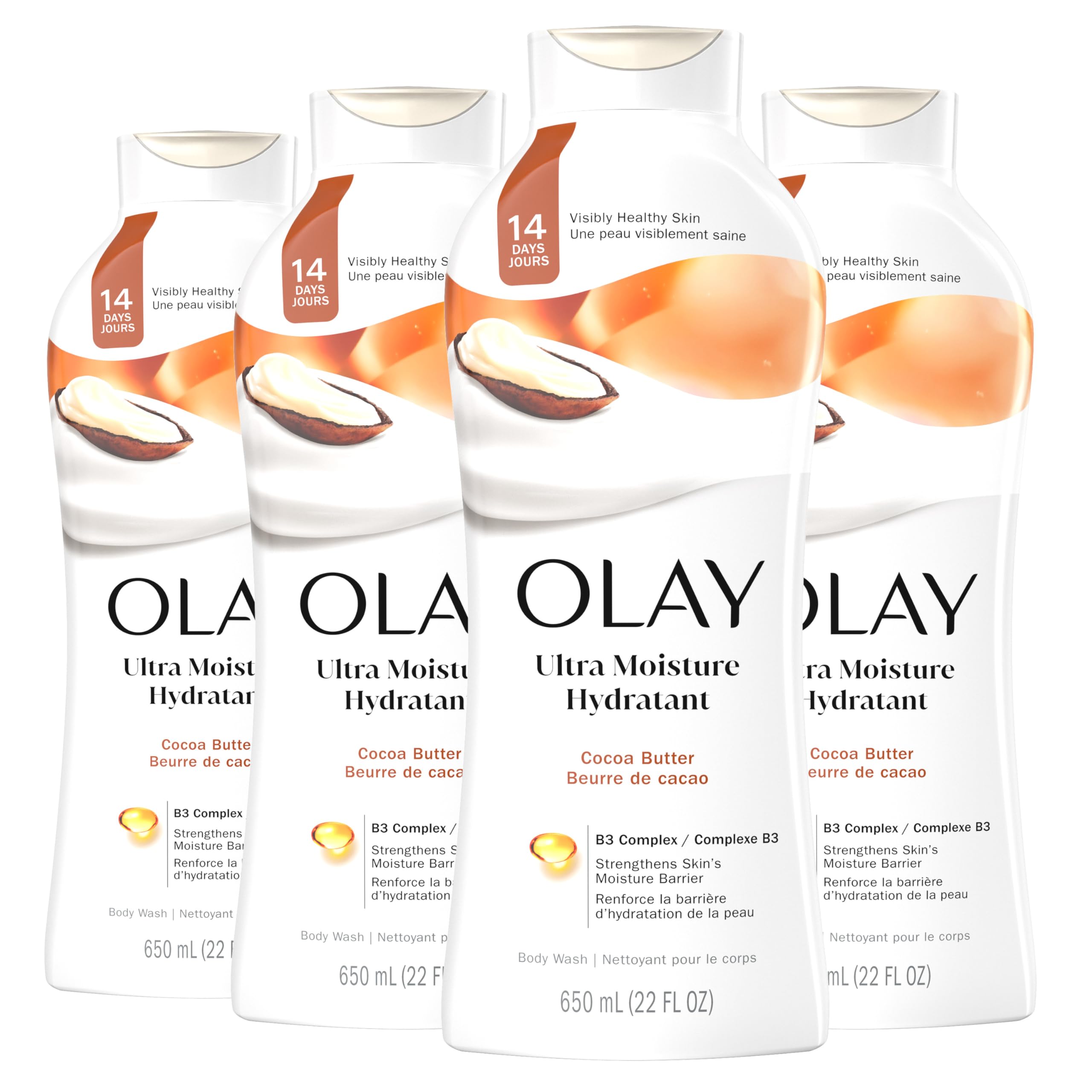 Olay Body Wash for Women, Ultra Moisture, 24hr Moisturizing, Hydrating & Refreshing, B3 Vitamin Complex, Free of Parabens & Phthalates, For All Skin Types, Cocoa Butter Scent, 22 fl oz (Pack of 4) Image