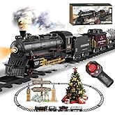 Remote Control Train Set Steam Locomotive, Cargo Car & Tracks, Electric Rechargeable Train Toys with 3 Smoke,Whistle & Lights