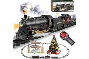 Remote Control Train Set Steam Locomotive, Cargo Car & Tracks, Electric Rechargeable Train Toys with 3 Smoke,Whistle & Lights