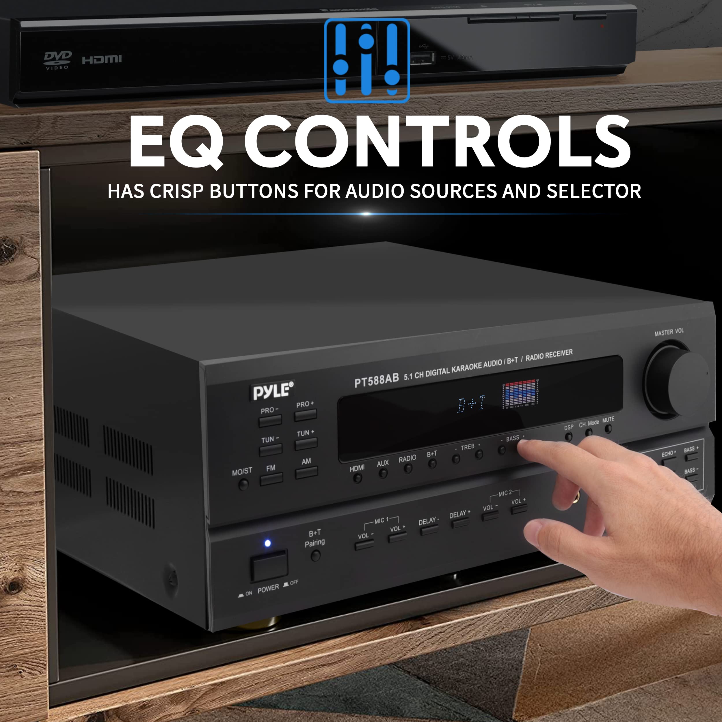 Pyle Wireless Bluetooth Power Amplifier System - 420W 5.1 Channel Home Theater Surround Sound Audio Stereo Receiver Box w/RCA, AUX, Mic w/Echo, Remote - for Subwoofer Speaker - Pyle PT588AB.6