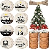 40 Pieces Nativity Scene Christmas Tree Ornament Wooden Nativity Scene Ornaments Wood Slice Nativity Decorations Christmas Wood Chips Xmas Round with 16 Yard Ropes for Xmas Tree Party Decoration