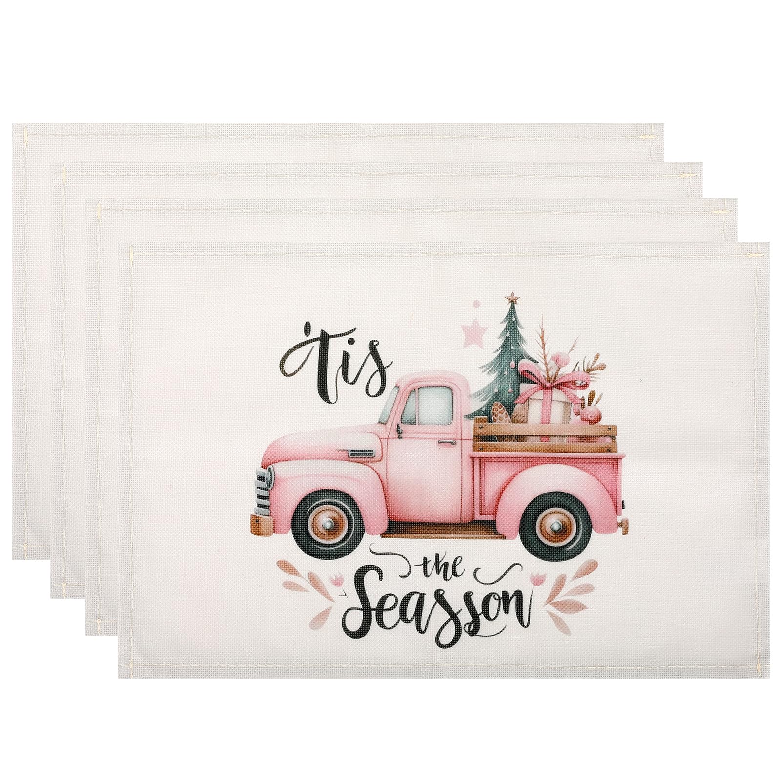Photo 1 of **2 pack**Christmas Placemats Set of 4,12x18 Inch Holiday Place Decoration for Winter Christmas Table Mats for Party Kitchen Dining Decoration (Pink Christmas Car)