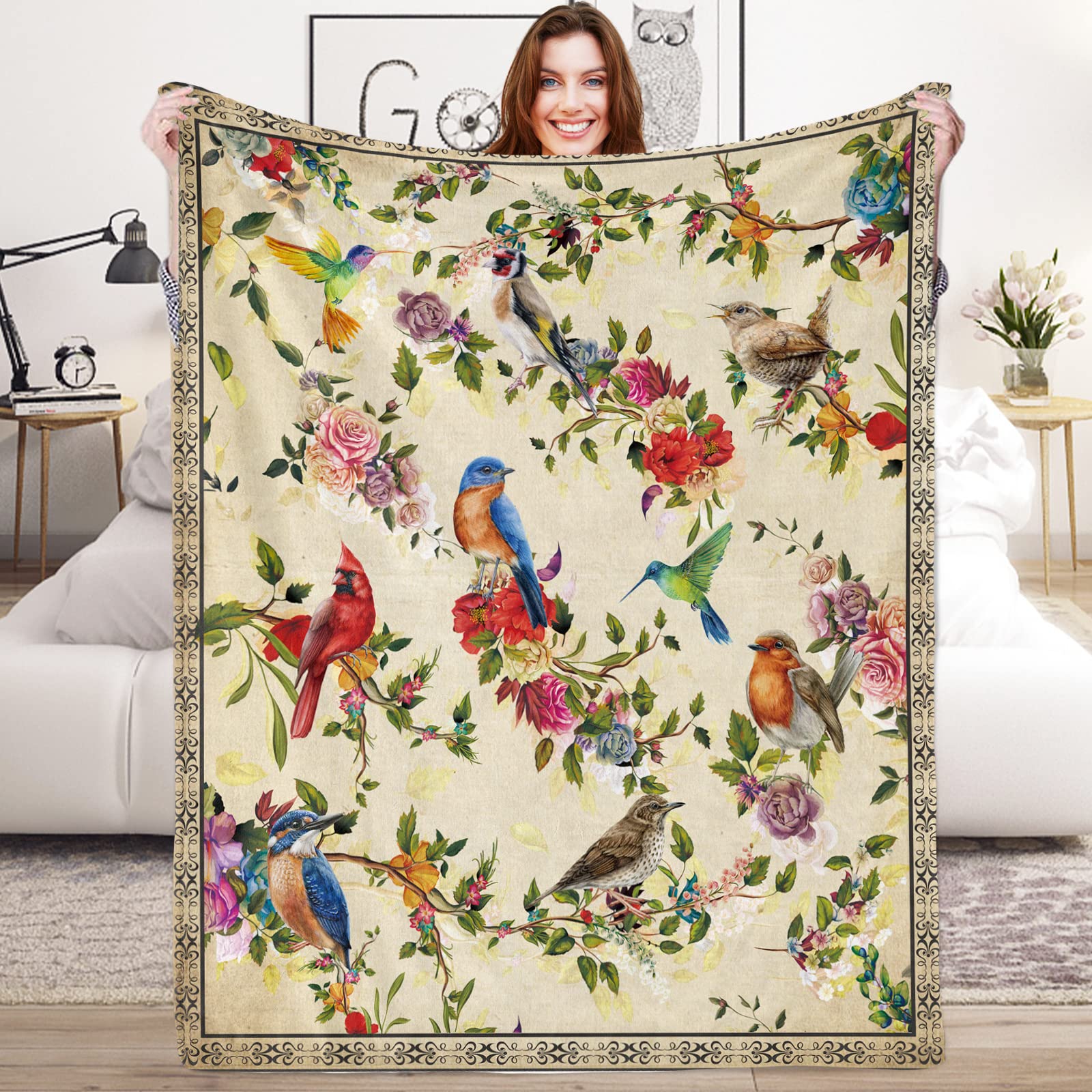Lingqiang Vintage Birds Flowers Blanket Gifts for Girls, Soft Watercolor Cardinal Hummingbird Bird Plush Flannel Throw Kids Teen, Beige Cozy Fluffy Women Couch Bed Sofa, 130x150 cm