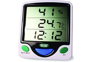 VeeGee Maximum and Minimum Digital Dual-Scale Thermometer, with Hygrometer and Clock, 0 to 50 Degree C and 32 to 122 Degree F