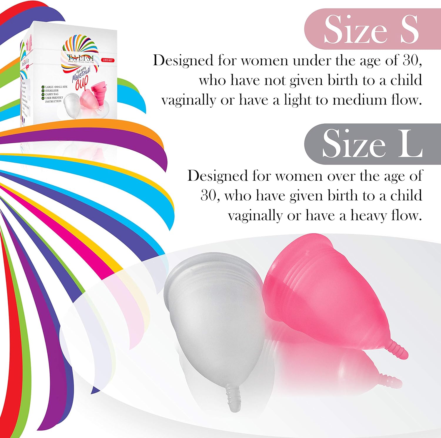 Talisi Reusable Menstrual Cups Set of 2 with Collapsible Silicone Foldable Sterilizing Cup - Tampon and Pad Alternative - Menstruation Feminine Period Cup for Regular and Heavy Flow with Sterilizer: Health & Personal Care