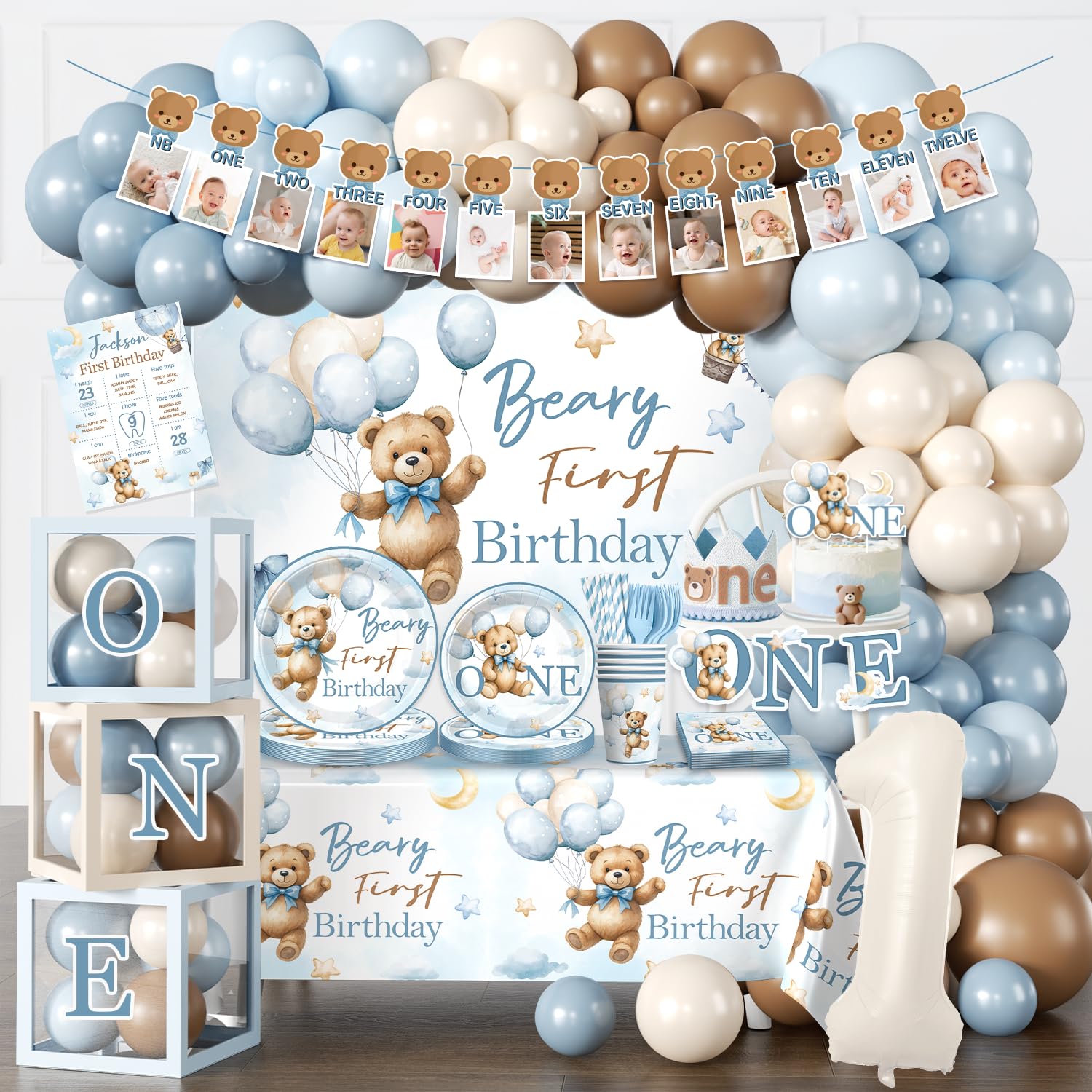 Photo 1 of ***missing parts*** 232 Pcs Beary First Birthday Decorations, Teddy Bear One Year Old Birthday Balloon Garland, Banners, Baby First Teddy Bear Backdrop, Plates and Napkin Set 2 Pcs Bear Tablecloth Blue Brown and White