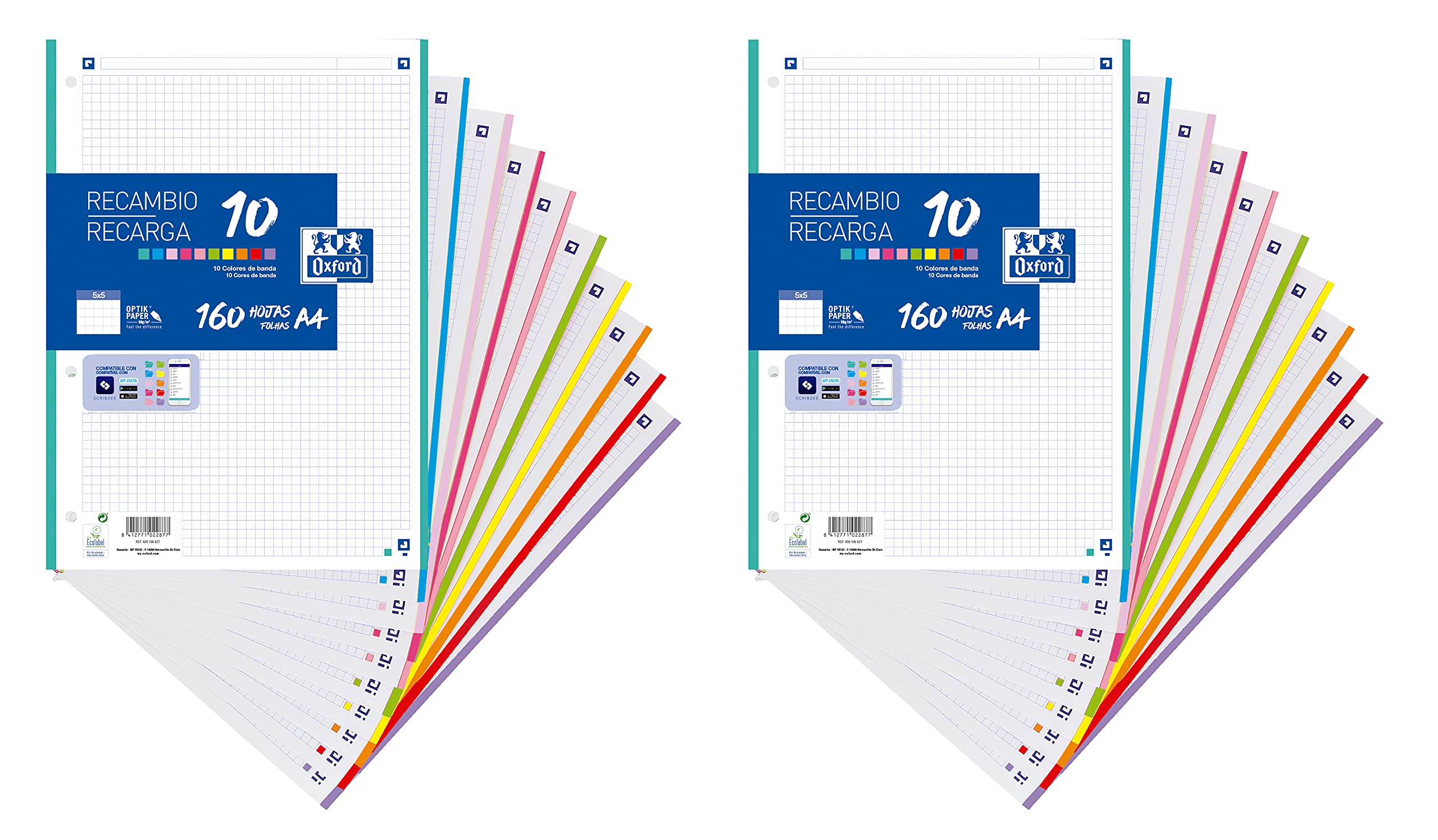 Oxford, A4 Squared Sheets, Pack of 2 Refills, Band 10 Colours, 160 Sheets, 5 x 5 Grid