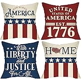 Fbcoo 4th of July American Patriotic Decorative Throw Pillow Cover 18x18 Set of 4, USA Star Stripe God Bless America United S