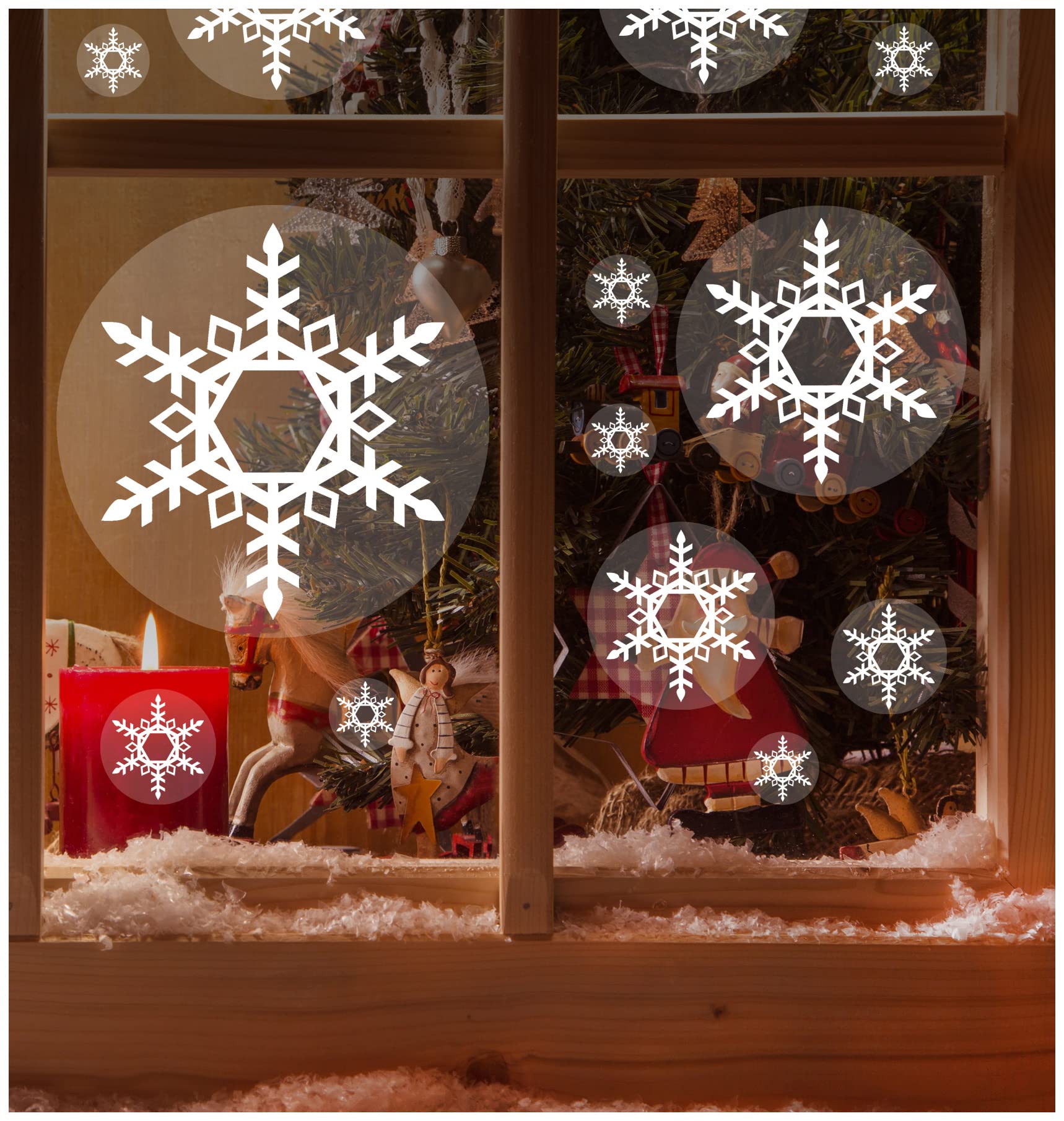White Snowflake Christmas Window Stickers - Low Tack Clear Vinyl - Varied Sizes - Price per Pack of 56 Stickers (P/NO. 7828708)