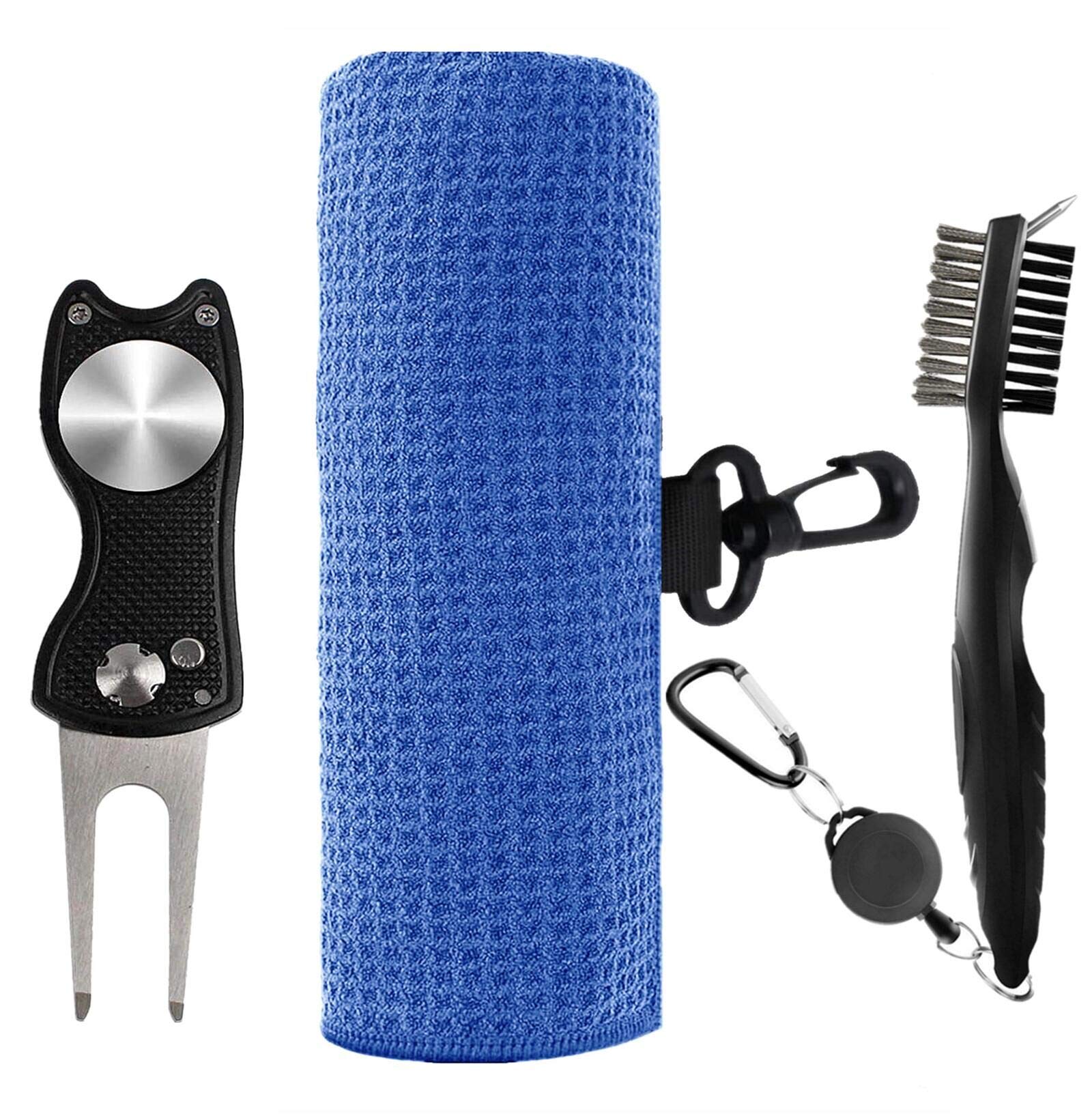 Golf Towels for Golf Bags with Clip Brush and Divot Tool Value Set, Tri-fold Golf Towel Waffle 24"X16" Microfiber for Men Women Club Cleaning Groove Cleaner, Hook Loop (Blue Towel+ Brush+Divot Tool)