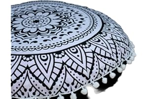 CRAFT KALA 32 Inch Boho Large Round Bohemian Floor Pillow Pouf Cover Oversized Mandala Meditation Room Pillows for Adults Big Seating Poufs Cushion Kids Teepee Reading Nook Playroom (Black Flower)