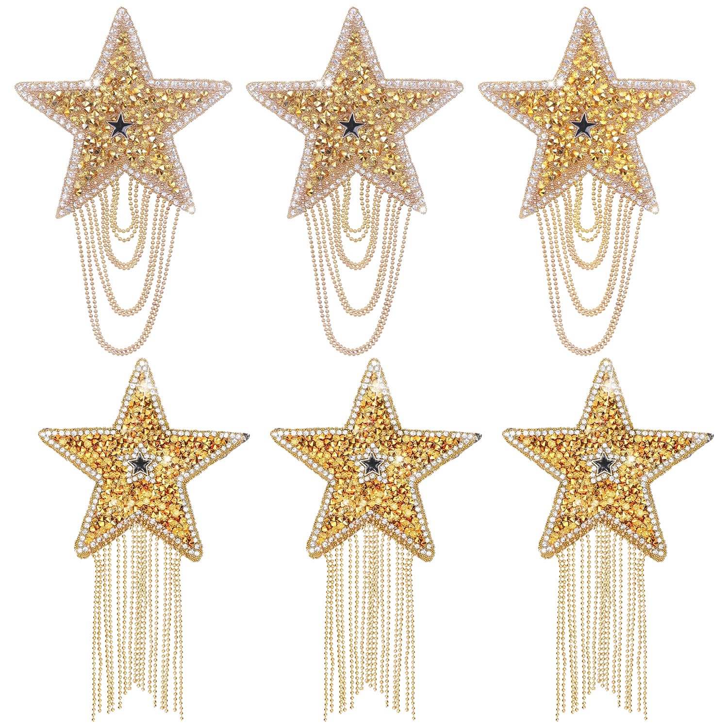 Photo 1 of 6Pcs Rhinestone Star Iron on Patches for Clothing,Shiny Gold Rhinestone Tassel Star with Chains Glitter Sequin Patches for Trucker Hats Jeans Bags Backpacks Jackets Denim DIY Appliques Art&Crafts