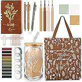 Singhoow 29 Pcs Bible Journaling Kit 16 oz Glass Cup Canvas Bag Leather Notebook Highlighters and Pens Sticky Note Tapes Valentines Day Gift Bible Study Supplies for Teacher Women Nurse(Boho,Brown)
