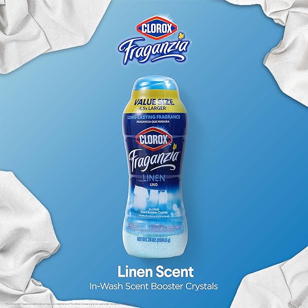 CLOROX FRAGANZIA LAUNDRY SCENT BOOSTER CRYSTALS IN LINEN SCENT – VALUE SIZE SCENTED IN-WASH FRESHENER BEADS FOR FRESH, CLEAN, GREAT SMELLING CLOTHES AND LINENS, 70 OUNCE