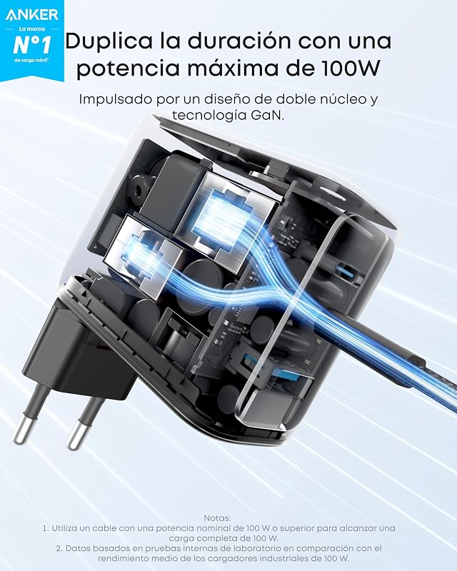 Cargador Carga Rapida USB C 100W con 3 Puertos GAN