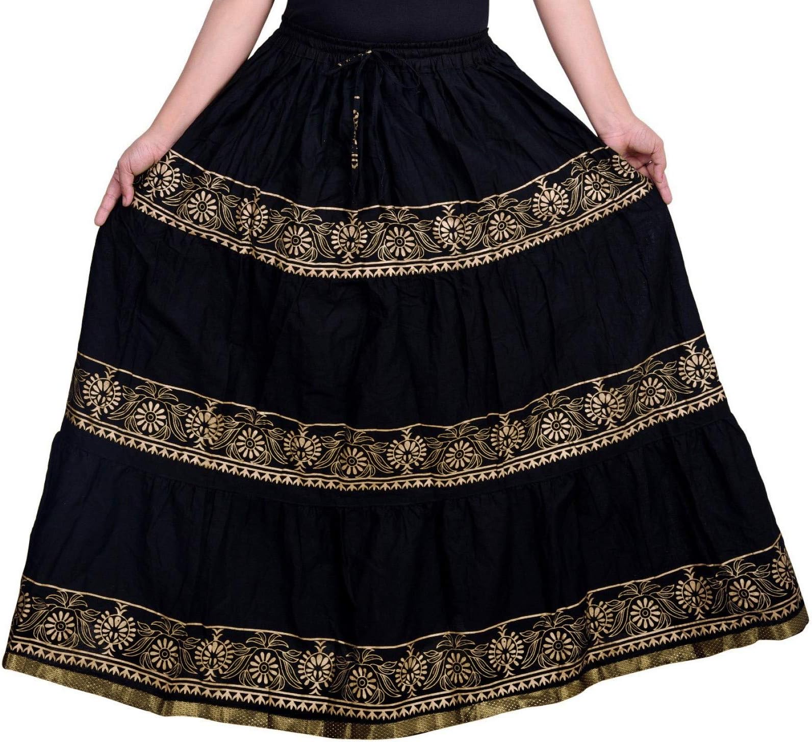 VOXVIDHAM Skirt Women's Cotton Fancy Flower Border Design Block Print (Goldish) Skirts with Elastic & Knote in Free Size