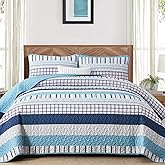 DJY Striped Queen Size Quilt Set, Light Blue Boho Bedspread Coverlet Set with 2 Pillowcases, 3 Pieces Soft Lightweight Microfiber Patchwork Quilt Bedding Set for All Season (96"x90")