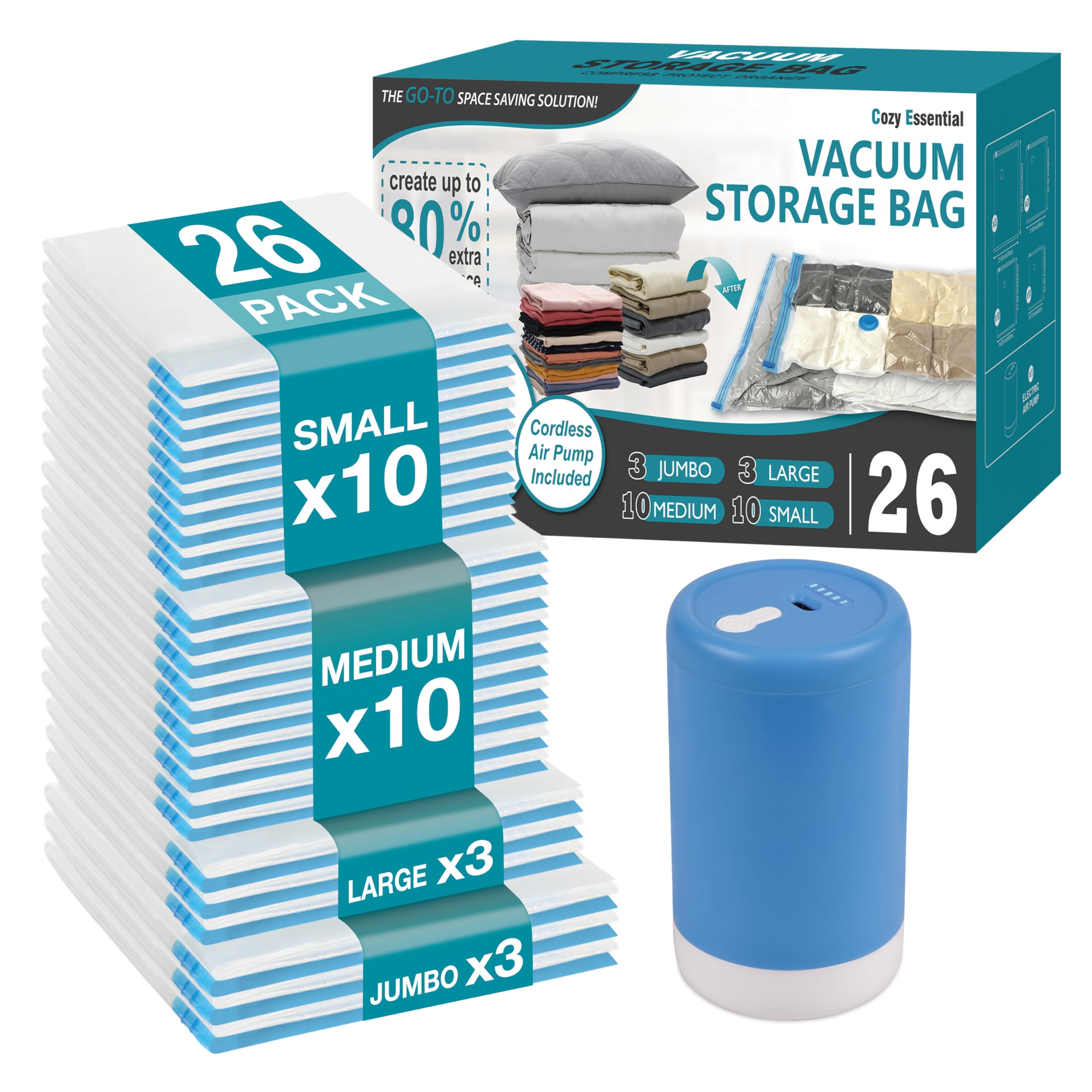 Photo 1 of ** SOLD AS IS, NO REFUND/RETURN** SEE COMMENTS!
Cozy Essential Travel Vacuum Storage Bags with Rechargeable Cordless USB Pump, Space Saver Bags for Luggage, Suitcase, Carry-On, for Clothes, Blankets, Bedding & Seasonal Storage,26 Combo