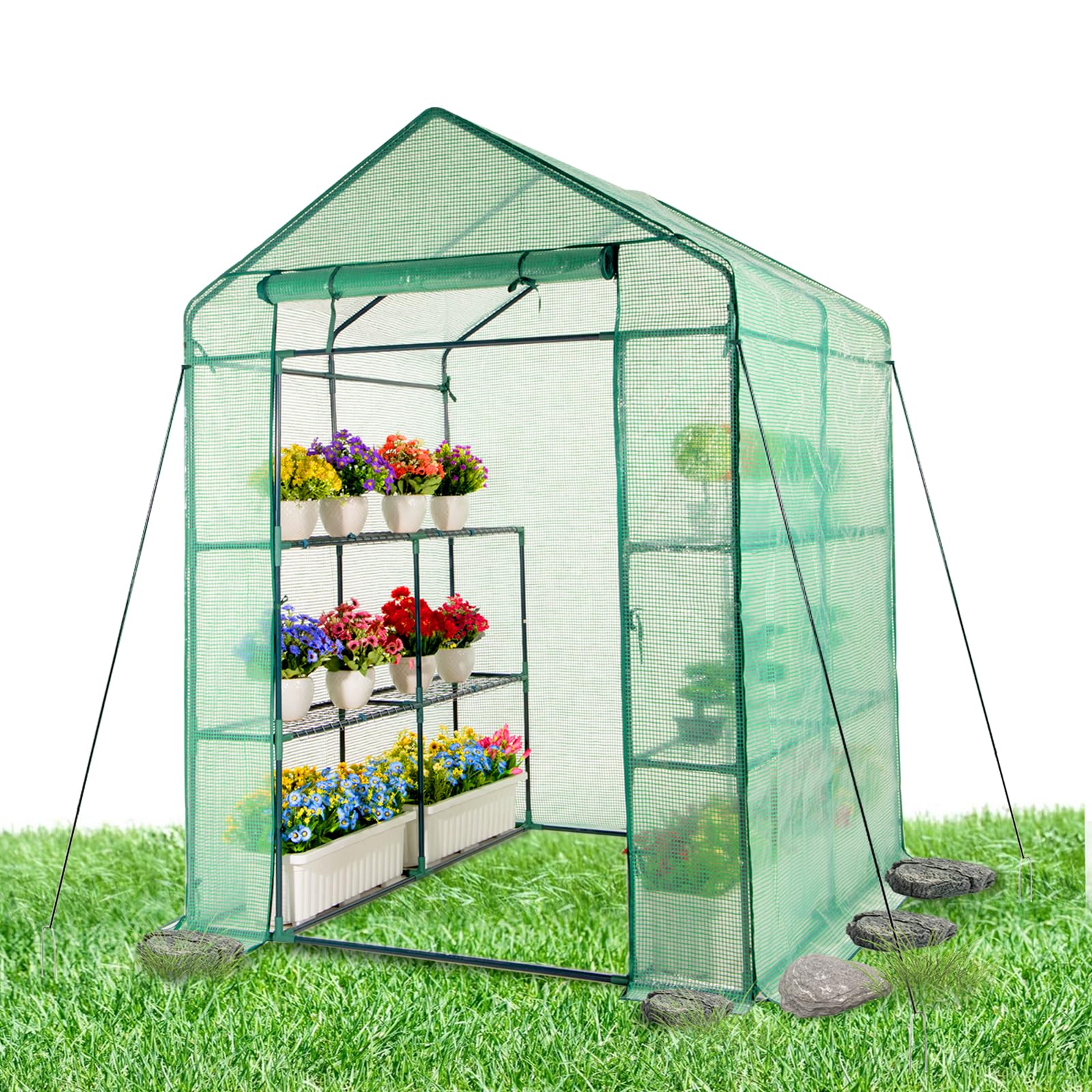 IDZO Walk in Greenhouse, Outdoor Greenhouse with Durable PE Cover & Sturdy Steel Frame for All Seasons, Convenient Rollable Door, Anchor & Rope Included for More Stable Stand, Easy to Install
