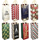 DeckTheHalls Christmas Gift Bags, 8 Pcs Wine Gift Bags with Unique Xmas Designs, Christmas Goody Bags with Ribbon Handles, Reusable Wine Bottle Wrap Bags for Xmas, Engagements & Party