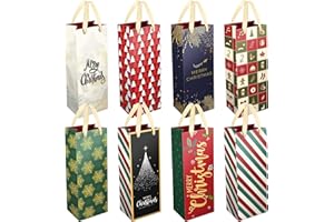 DeckTheHalls Christmas Gift Bags, 8 Pcs Wine Gift Bags with Unique Xmas Designs, Christmas Goody Bags with Ribbon Handles, Reusable Wine Bottle Wrap Bags for Xmas, Engagements & Party
