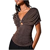 Floerns Women's V Neck Ruched Blouse Short Sleeve Slim Fit Elegant Tops Office Shirts