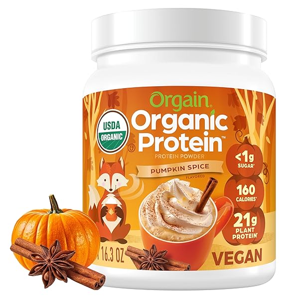 ORGAIN ORGANIC VEGAN PROTEIN POWDER, PUMPKIN SPICE SEASONAL FLAVOR – 21G OF PLANT PROTEIN, 5G PREBIOTIC FIBER, NO LACTOSE INGREDIENTS, NO ADDED SUGAR, NON-GMO, FOR SHAKES & SMOOTHIES, 1.02 LB